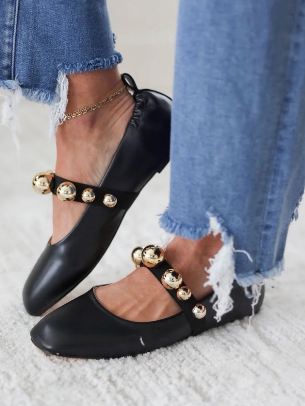 Lemonade Colleen Black Women's Ballet Flats with Gold Ball Detail Strap 9 NWT